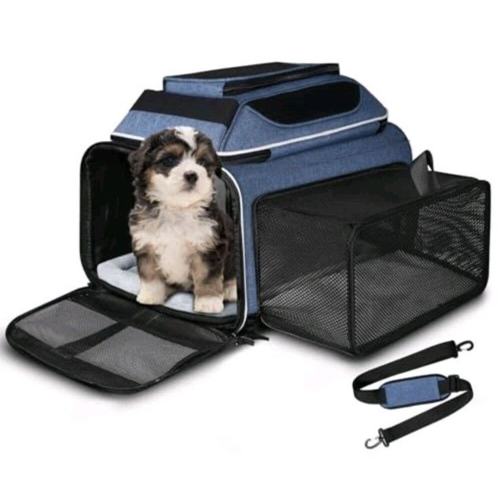 Petskd Expandable Pet Carrier 18x11x11 Blue/Black, Airline Approved, AntiScratch